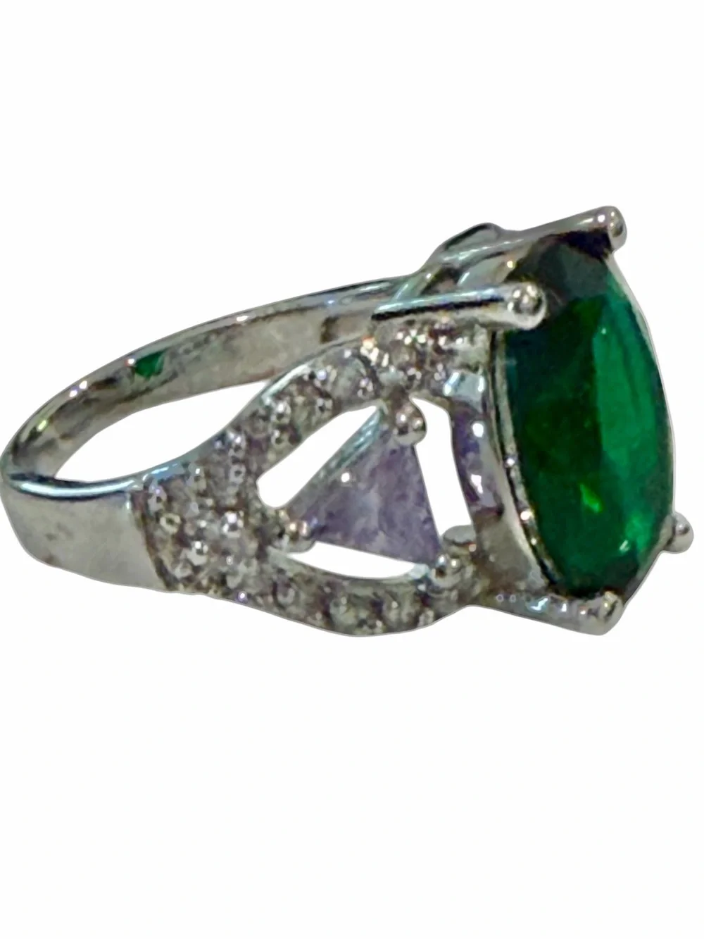 Sterling Silver Emerald & Tanzanite Three- Stone Cocktail Ring (Size 6.5)